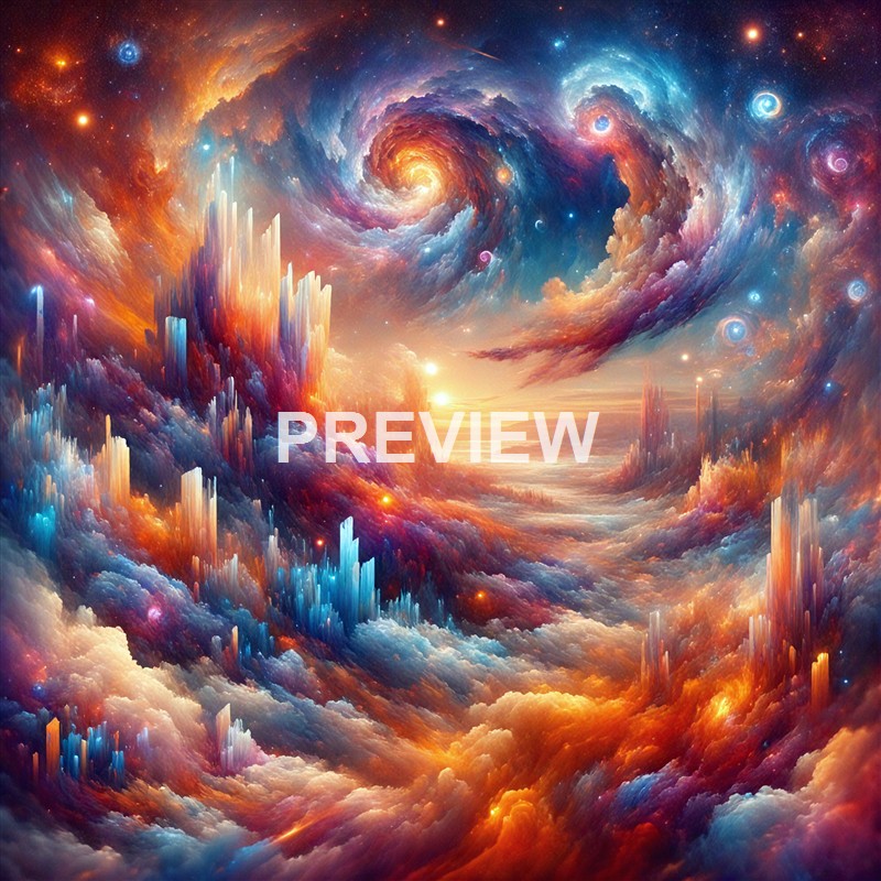 A vibrant, surreal depiction of a cosmic scene with swirling galaxies, colorful nebulae, and towering crystalline structures emerging from clouds, illuminated by a bright light source near the horizon.